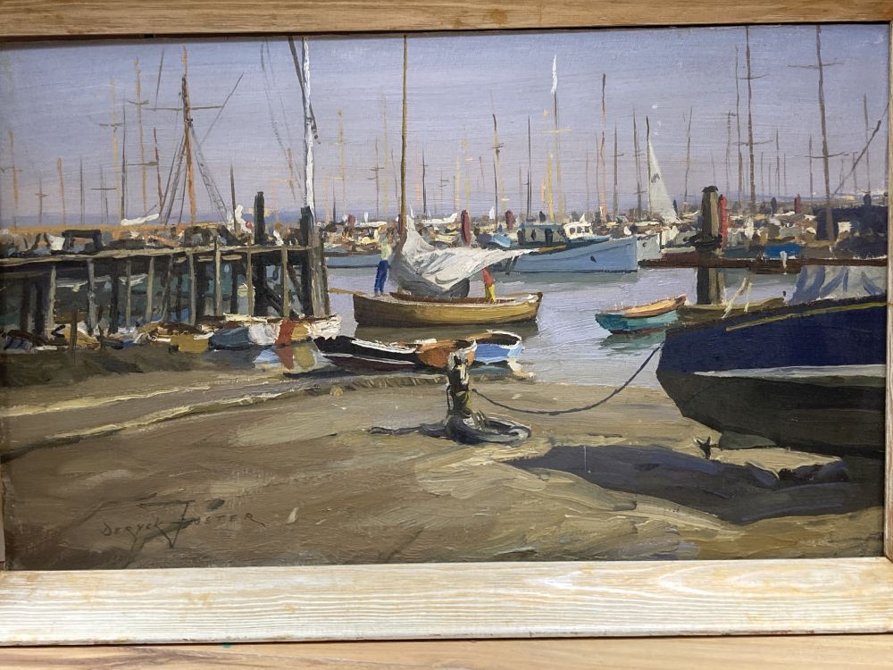 Deryck Foster (1924-2011), oil on board, Fishing boats in harbour, signed, 30 x 50cm